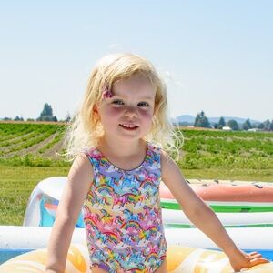 Posh Peanut 2T Lisa Frank Dancing Dolphins/Unicorn Reversible One Piece Swimsuit